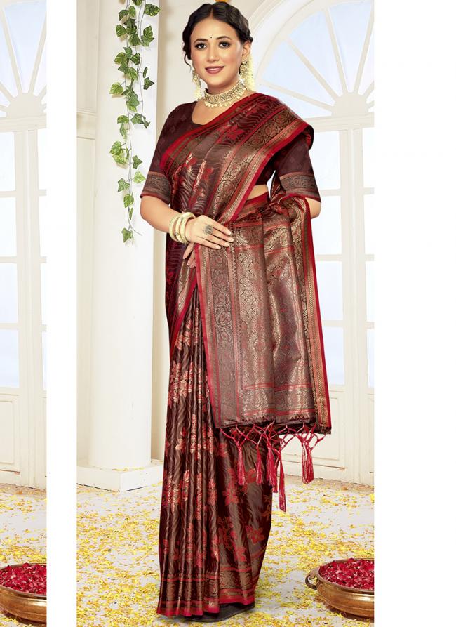 Sattin Silk Red Festival Wear Weaving Saree